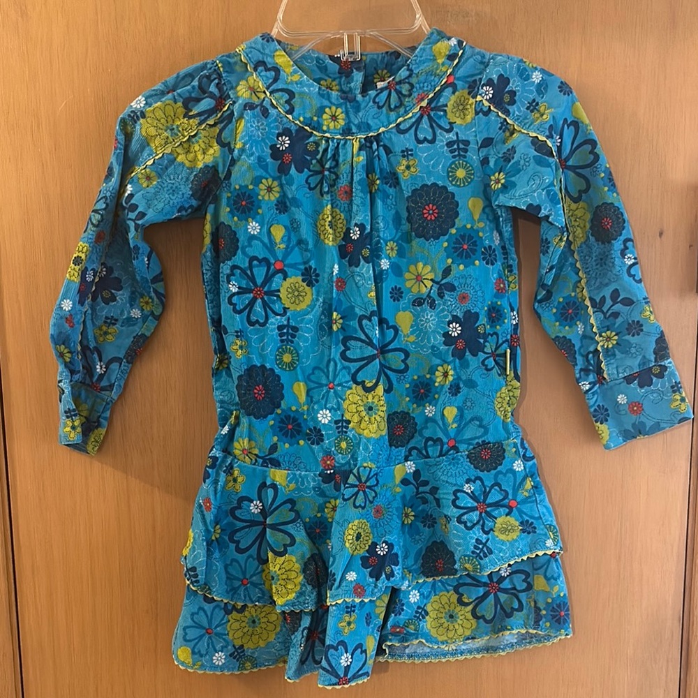 Le Top Kids Girls Floral Corduroy Long Sleeve Dress Blue Size 4